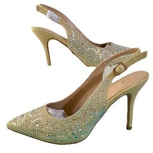 Lauren Lorraine Rachel Nude Gold shimmer Women's 9 Sling Back Rhinestone Heels